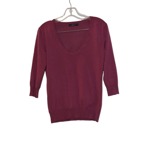 Sela Tricot Knit Sweater Delicate Deep Scoop 3/4 Sleeves Rosewood Pink Women M - Picture 1 of 4